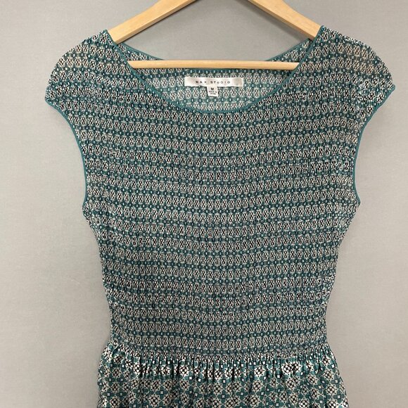 Max Studio Dress Smocked Top Striped Lined Green Teal‎ Size Medium Shirred Lined - Picture 3 of 15